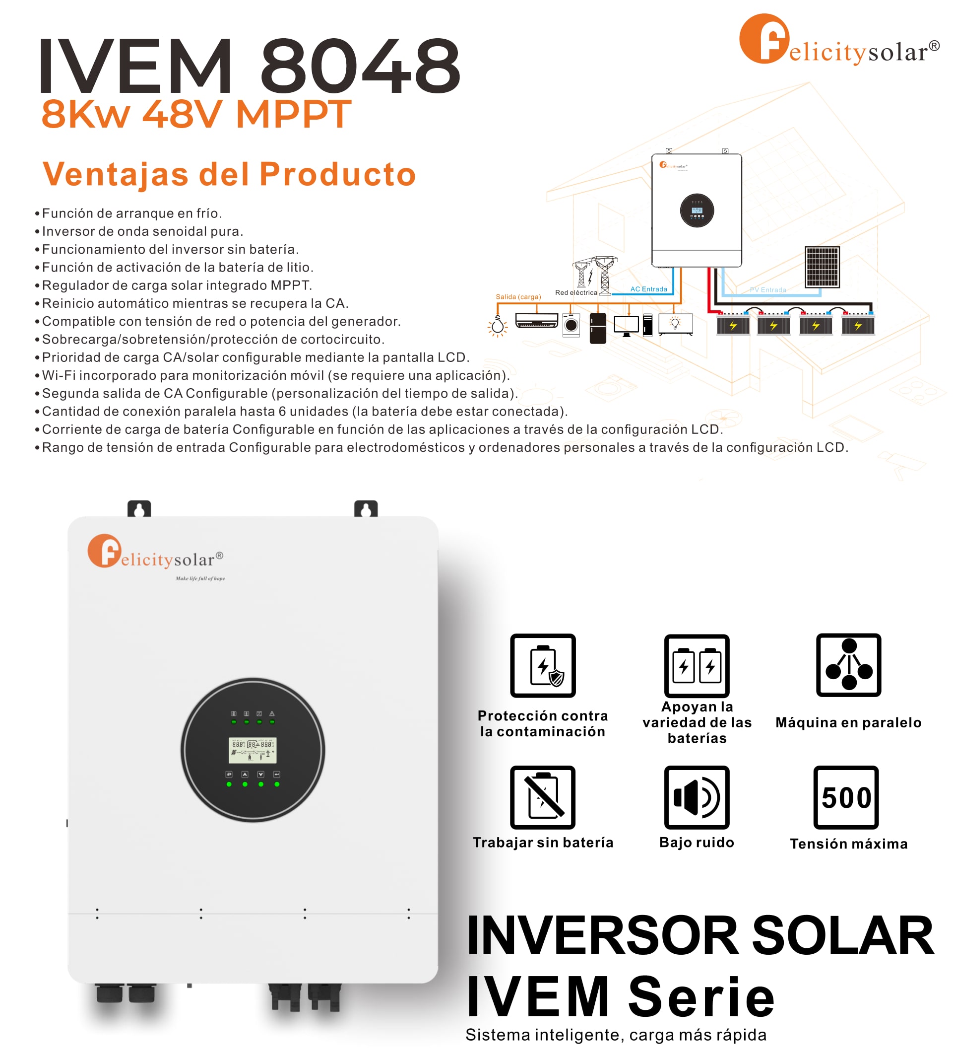 Inversor Híbrido 8KW 48V Controlador MPPT PV500V